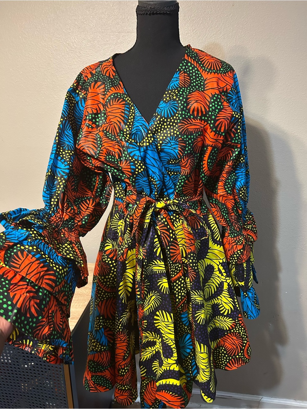African Stars Ankara Wrap Dress OS 100% Cotton African Print Ruffle Bell Sleeve